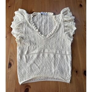 Women's ZARA‎ Cream Pointelle Knit Ruffle Sleeve Top Size S